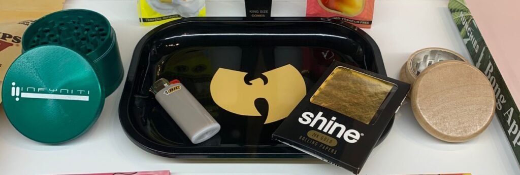 Lighters, grinders, rolling papers, rolling tray, and more accessories